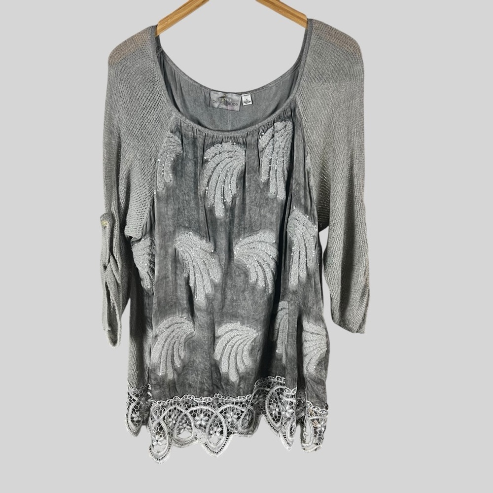 Belle France Embellished Sweater Lace Hem Sequins Roll Tab Sleeves.